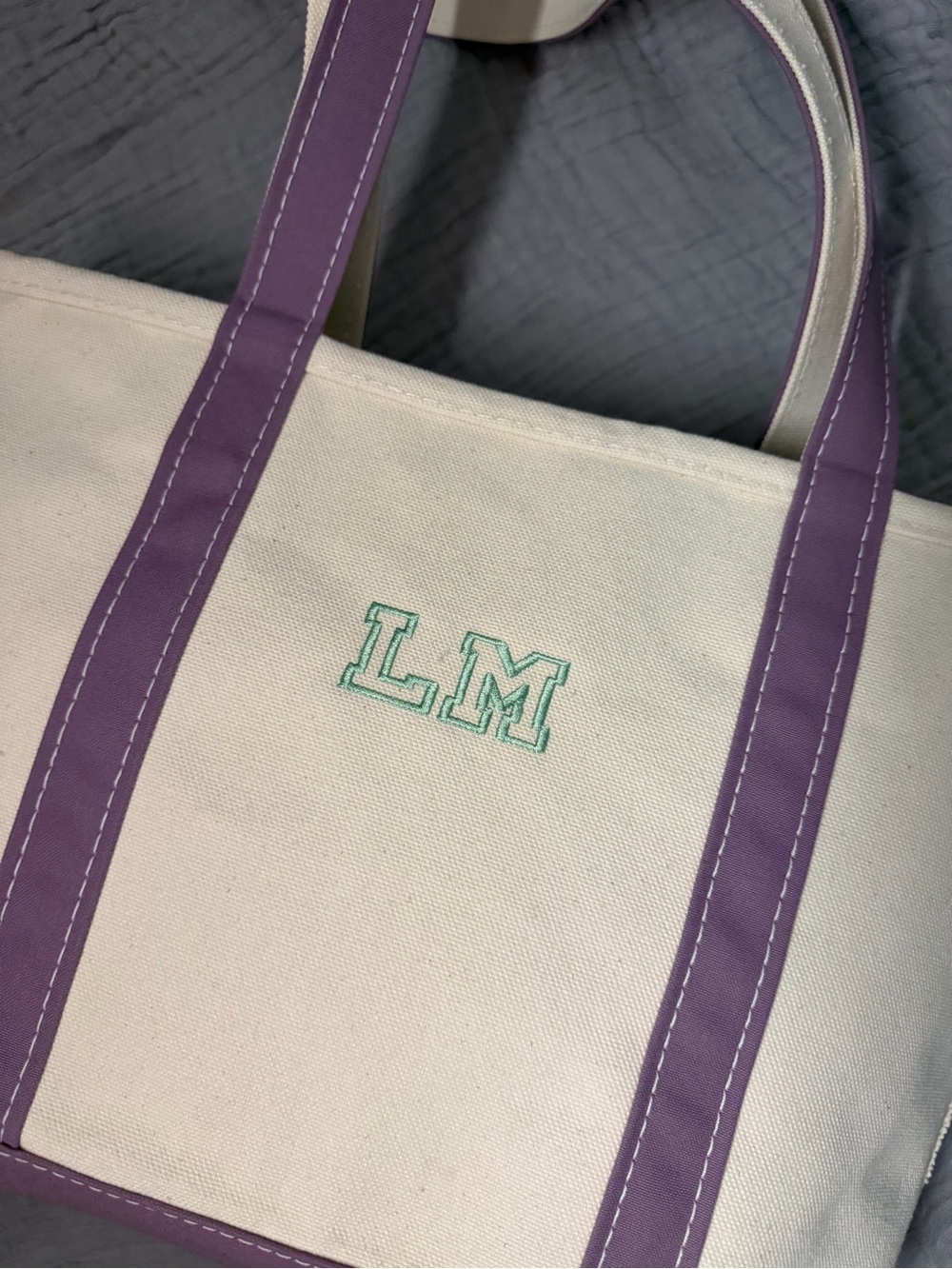 L.L. Bean boat& Tote with Lavender Trim and long Handles - Picture 3 of 7